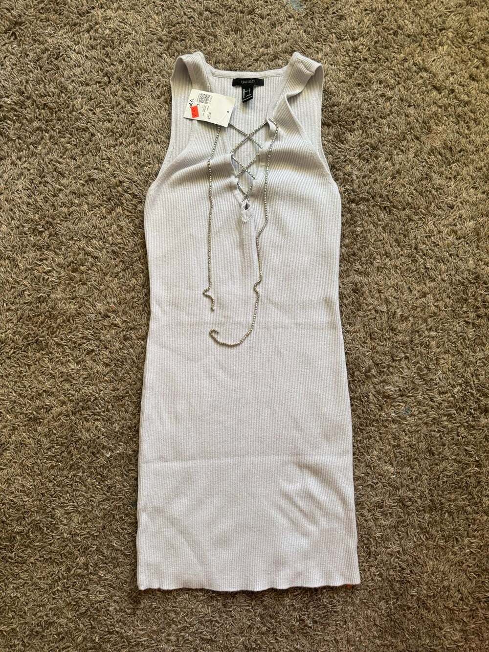Forever 21 Women Light Grey Ribbed Knit Rhinestone Lace-Up Dress Size L